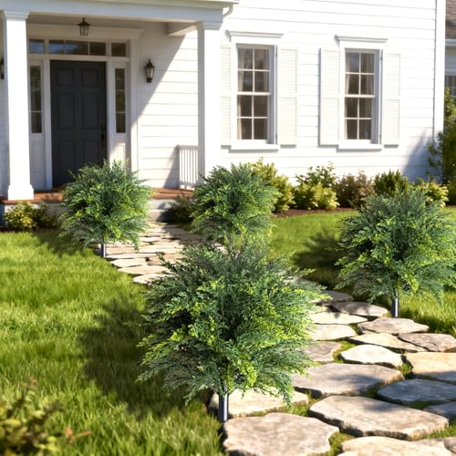 2-Pack Artificial Cedar Topiary Ball Trees 22\" Outdoor UV Resistant Faux Cypress Shrubs with Ground Spike, Realistic Evergreen Bushes for Front Porch, Garden, Backyard, and Indoor Decor - Thumbnail 7