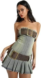 Steampunk Denim Corset Dress with Buckle Accents, Light Blue Pleated Mini Dress, Strapless Design