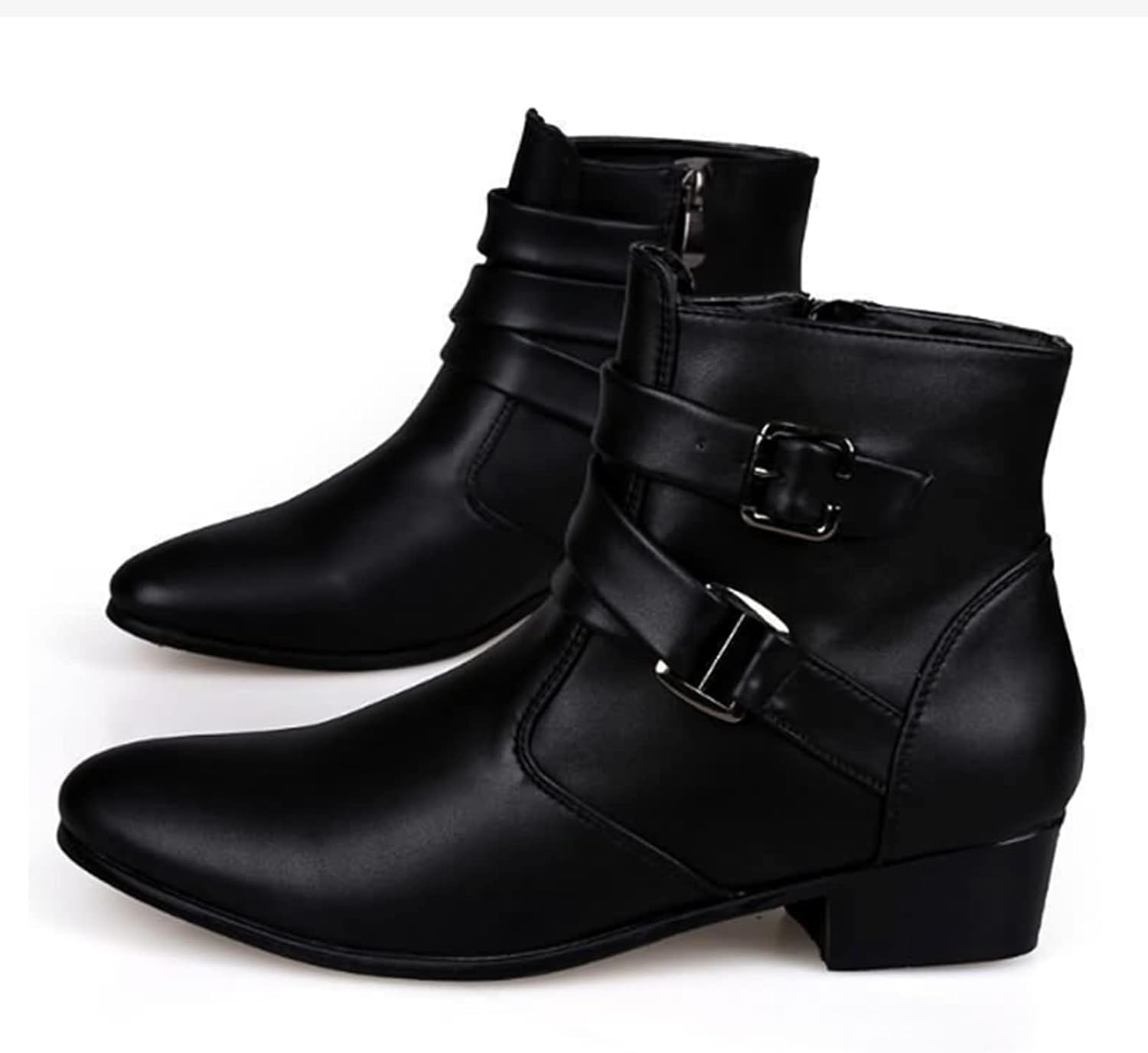 PURCHAWEE Men's Leather Pointed Toe Chelsea Boots,Buckle Straps Side Zipper Chunky Low Heel Western Formal Dress Boots Ankle Boots - Image 5
