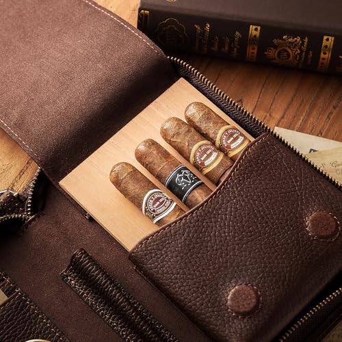 Woodronic Cigar Humidor Case for 5-10 Cigars, Genuine Leather Travel Case with Spanish Cedar Tray, 72% Boveda Pack, Accessory Pockets, Gift for Men - Thumbnail 2