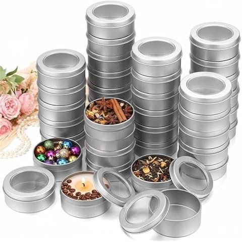 TecUnite 100 Pack 2 Ounce Metal Tin Cans Round Empty Container Salve Tins with Clear Lid for Kitchen, Office, Candles, Candies Cover