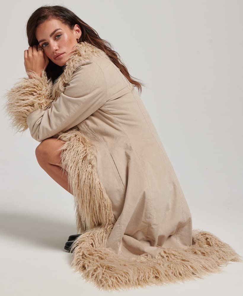 Superdry Damen Längerer, afghanischer Mantel mit Kunstfellfutter Stonewash Taupe Braun 38