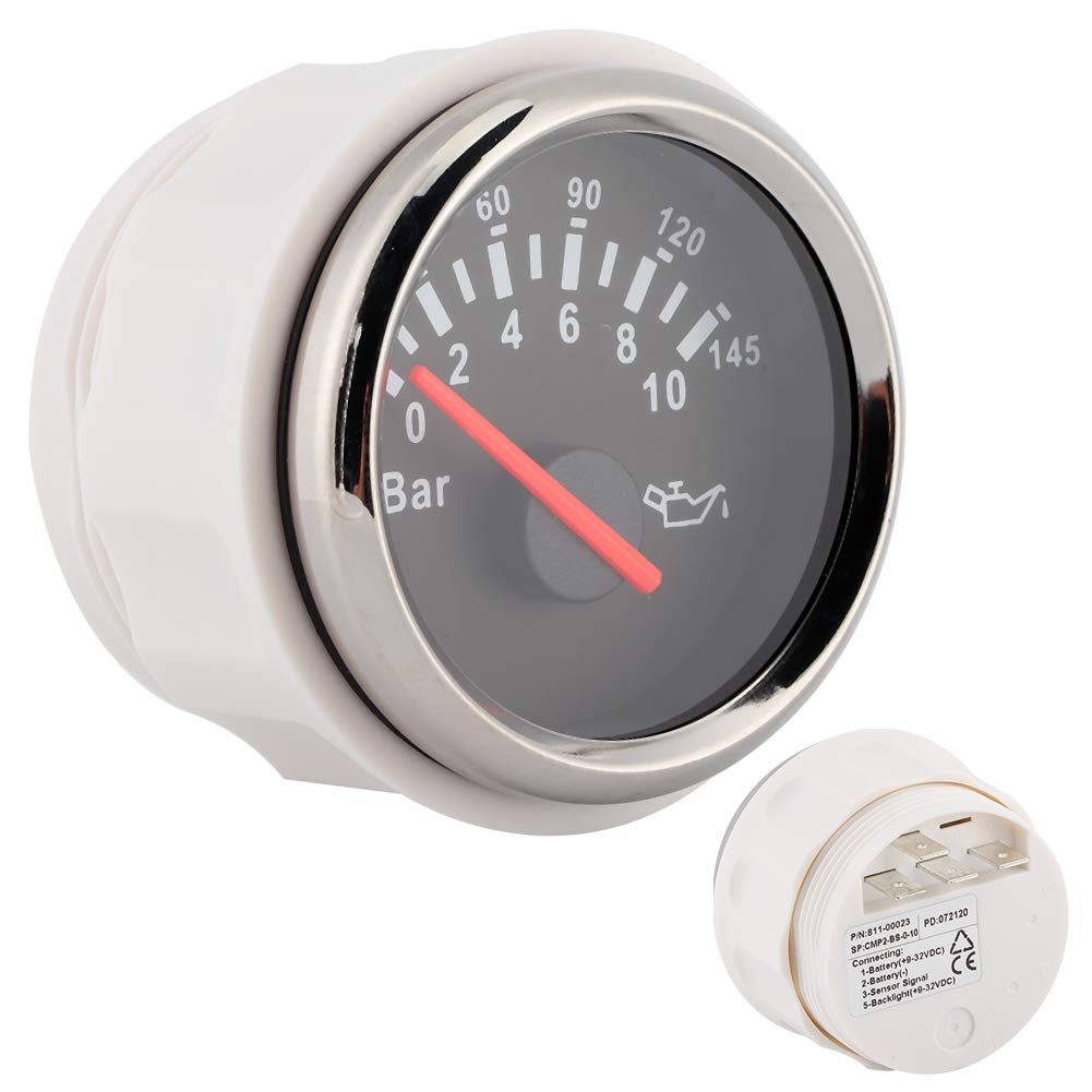 Jauge de Pression D, D'huile Étanche 9-32V 52mm / 2 Pouces 145psi Rétro-éclairage LED Instrument à Cadran Remplacement pour Voiture Bateau Moto pour Compteur D'huile Bat (Noir)