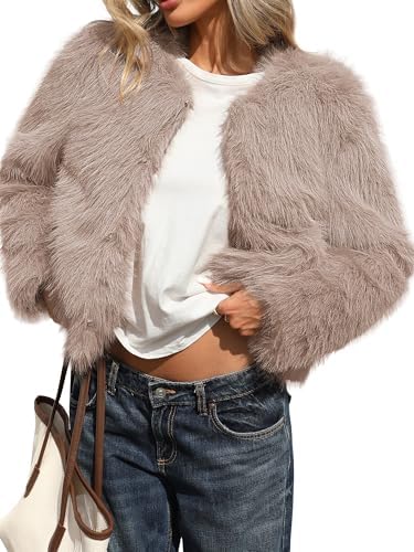 ELLEVEN Women’s Fluffy Faux Fur Cropped Coat with Hooks & Pockets...