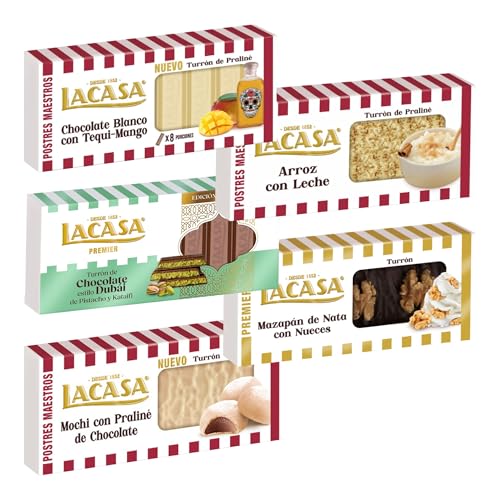 Pack Surtido 5 Turrones Lacasa:Mazapán de Nata con Nueces,Arroz con Leche,Blanco con Tequi Mango,Mochi con Praliné de Chocolate,Chocolate estilo Duba