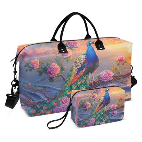 Weekender Bags Travel Duffel Gym Bag Beautiful Peacock Sunset Seaside Carry on Overnight Tote Bag with Toiletry Bag for Airplane Travel Trip Gym Yoga