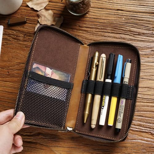 Image of Genuine Leather 5-Slot Pencil Case, Portable Travel Pen Organizer | Versatile organizer for art supplies, office essentials, makeup brushes, suitable for men, women, students, artists.brown