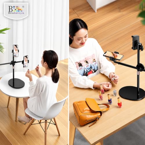 Image of BROLAVIYA Overhead Video Floor Stand, Premium Metal Body, 1 /4 inch Head for Webcam,Gopro, 360 Rotation with Mobile Bracket for YouTube, TikTok, Desktop, Bedroom, Cooking and Recording. Black