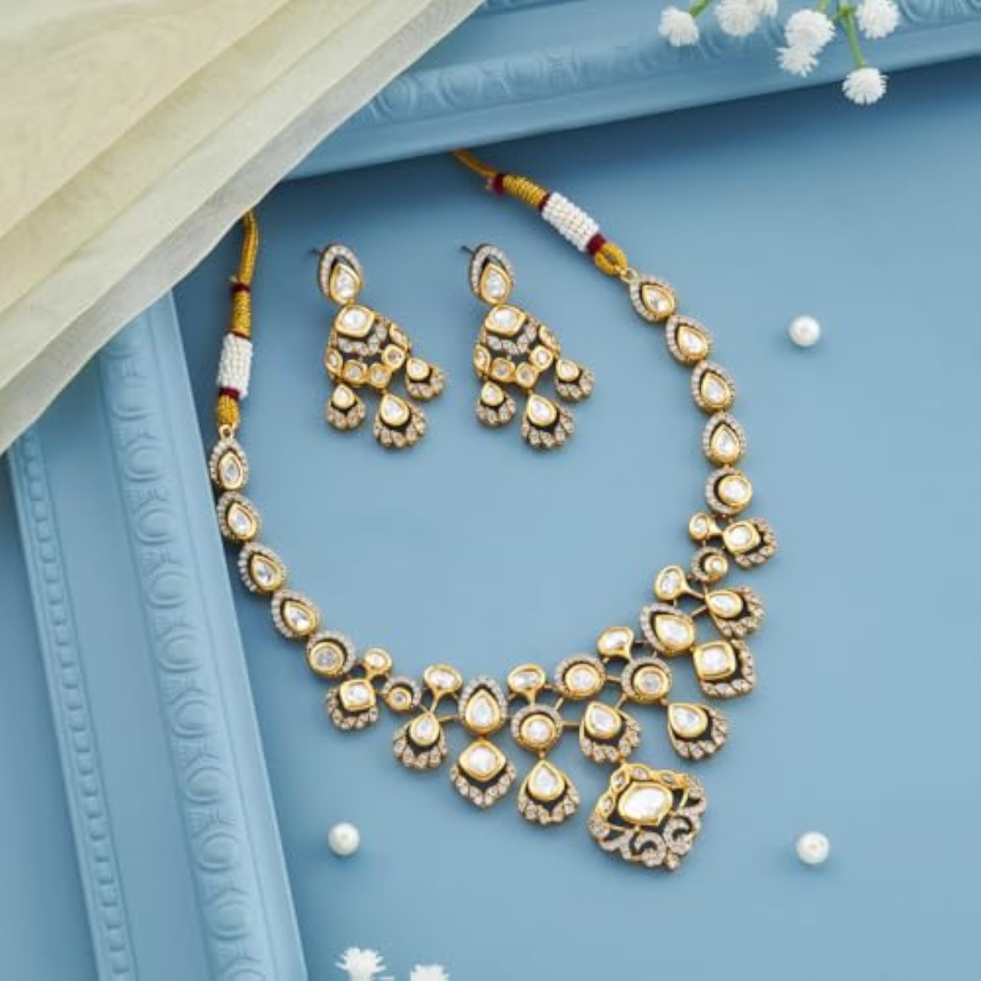 White Victorian Plated Kundan Necklace Set with Earrings