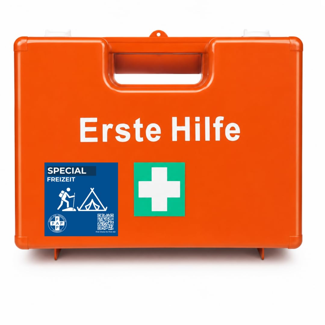 FAP Erste-Hilfe-Koffer Freizeit DIN 13157 gefüllt - orange | Burngel & Kühlspray| Wandern Jugendherberge Pfadfinder Ferienlager Verein Outdoor Camp, Betriebsverbandkasten Wandhalterung -33×42×15 cm