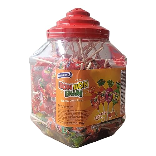 Lot de 100 pots Colombina Bon Bon Bum avec centre en caoutchouc assorti, palettes de 4 saveurs Lulo, fraise, fraise rouge et mandarine, pot de 1 700 g