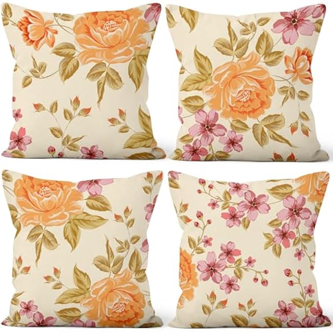 4 Pcs/Set Rose Flowers Pillow Covers Summer Floral Green Leaves Pink Flowering Shrub Natural Scenery Watercolor Romantic Linen Cushion Case for Outdoor Couch Sofa Bedroom, 16x16