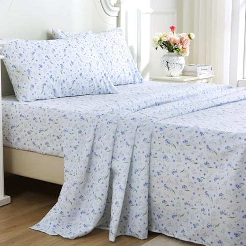Image of MUXHOMO King Size 4 Piece Sheet Set, Soft & Breathable Sheet for Bedroom with Deep Pocket Up to 16 inch, Wrinkle-Free & Cooling Bed Sheets with Flat Sheet, Fitted Sheet & Pillowcases - Violet Flower
