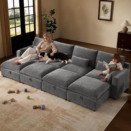 Image of WorthFurni Modern Modular Sectional Sofa,134 inch Sleeper Sofa Bed Sectional Cloud Couch with Storage Ottoman,Comfty Sofa for Living Room,Grey Chenille