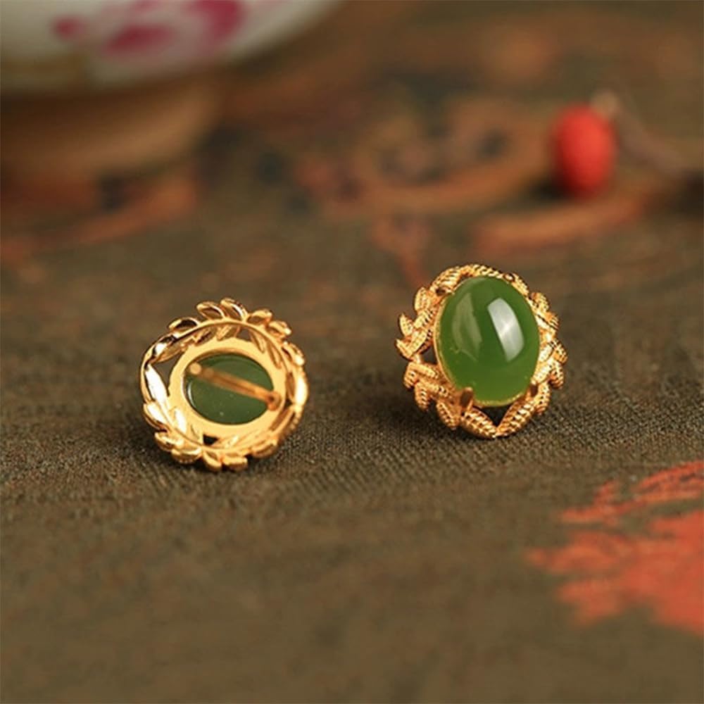 Gold Plated S925 Silver With Natural Hotan Jasper Oval Egg-Shaped Earrings for Women Yoga Genuine