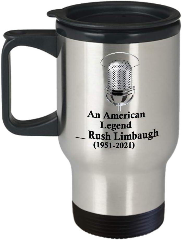 MoreThings2Come Rush Limbaugh travel mug| An American Legend RIP 1951-2021| Dittoheads fans mug|grey conservative radion talk show host republican awesome mug, White