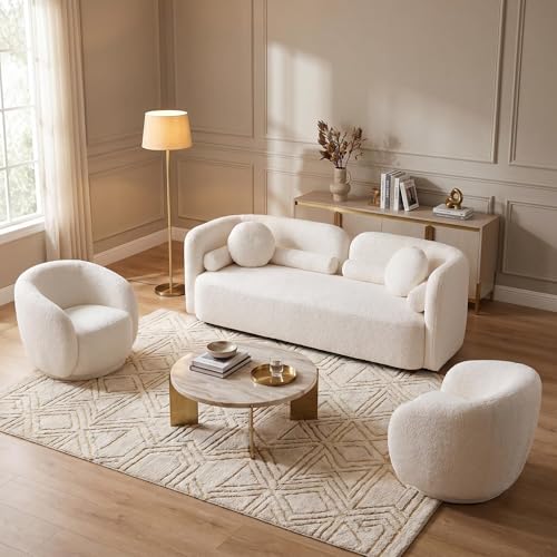 Image of Curved Sofa Set for Living Room, 3-Seater Upholstered Boucle Fabric Modern Sofa Set of 3 Piece Couch Set Minimalist Sofa with Swivel Accent Chairs Modern Sofa Set Home Bedroom Office (White)