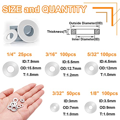 Seept 375Pcs Pop Rivet Washers For Blind Rivets Diameter 3/32",1/8",5/32",3/16", 1/4" Backup 304 Stainless Steel Pop Rivet Washer Assortment Kit Sm-28 #TOP1
