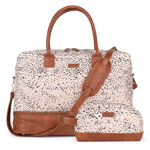 Image of MyMealivos Canvas Weekender Bag, Overnight Travel Carry On Duffel with Shoe Pouch (Cheetah Spot) and Toiletry Bag