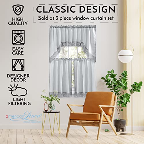American Linen Café Curtains for Kitchen, Bathroom Curtains with Valance, Embroidered lace Border. (Steele Gray)