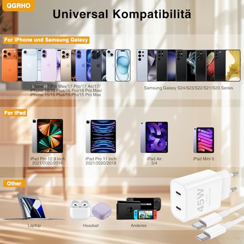 45W USB C Ladegerät für iPhone 17/16 Pro Max, 2-Port Type C auf C Lang Power Adapter Netzteil Stecker Adapter mit 3M Schnellladegerät Kabel Ladekabel für Apple iPhone 16e 15 Pro/Plus/iPad Air,Samsung