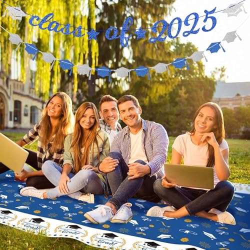 Navy-Blue White-Silver Party-Decorations Graduation Banner - 8pcs Kits Class of 2025 Cap Garland Streamers, Paper Tissue Pom Poms Flowers, Congratulations Grad Decor Lasting Surprise