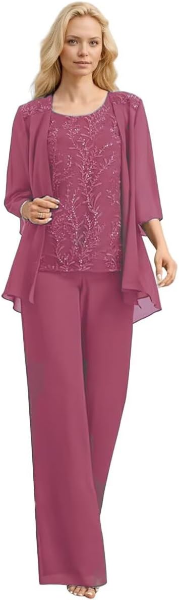3/4 Sleeves Mother of The Bride Pant Suits with Jackets Laces Appliques 3 Pieces Chiffon Mother of The Groom Dress
