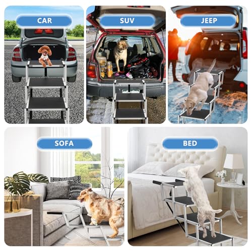 Dog Stairs for Large Dogs - 4 Step Foldable Dog Ramp for Car Non-Slip Surface Support up to 230lbs - Suitable for Sedans, Sofas, Beds