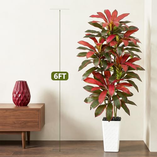 Image of Artificial Red Dracaena Tree Indoor, 6FT Tall Fake Floor Plants with White Planter & Pebbles, Faux Silk Yucca Tree for Home Office Living Room Bedroom Farmhouse Modern Outdoor Topiary Tree