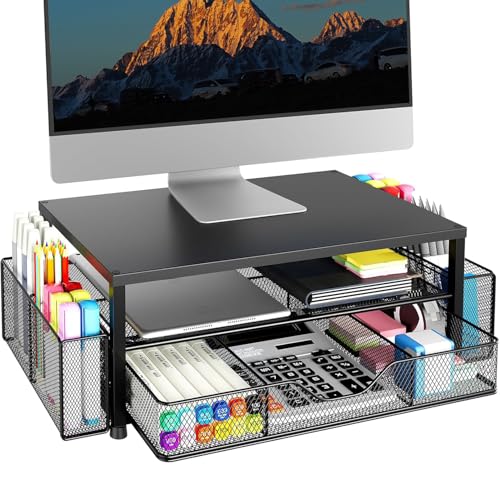 Desk Organizer and Accessories2-Tier Computer Monitor Stand with Drawer and 2 Pen Holders Office Desk Accessories for Office Supplies Black