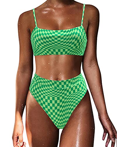 MOSHENGQI Women High Wasited Bikini Shoulder Strap 2 Piece High Cut String Swimsuits