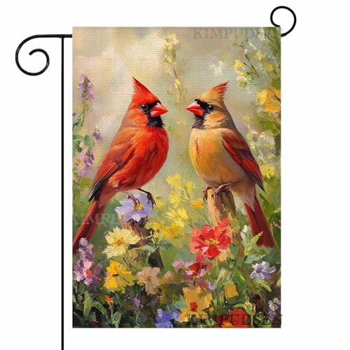 Spring Summer Cardinal Bird Garden Flag 12x18 Inch Double Sided Small Burlap Flowers Spring Flag for Yard Outdoor Decoration