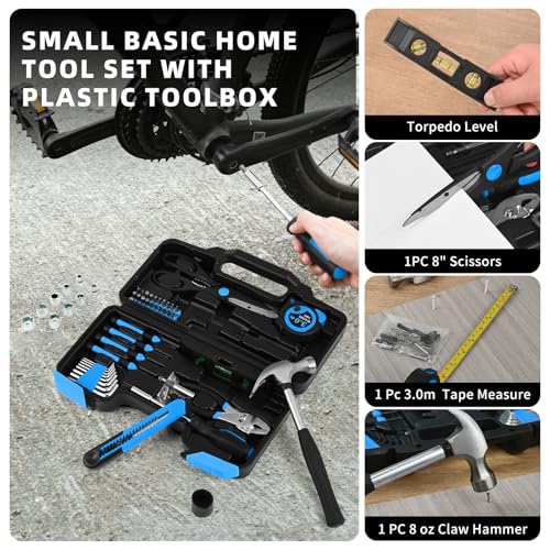 Image of 144-Piece Blue Tool Kit for Home, Household Hand Set with Plastic Toolbox | General basic repair tools for women & college students; all-purpose dorm set for home, apartment, office DIY daily repairs