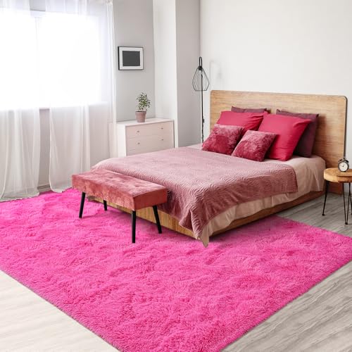 Softlife Hot Pink Area Rug for Living Room, Fluffy Shag Plush 5.3x7.6 Rugs for Bedroom Girls, Shaggy Soft Fuzzy Kids Large Carpet for Dorm Bedside Ultra Cozy Non-Slip Indoor Decor