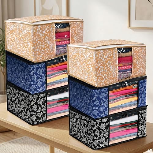 Image of Non-Woven Wardrobe Organizer Bags (Set of 6, Multicolor) | Heavy-Duty Zipper Clothes Storage Covers | Foldable Dust-Proof Closet & Bedroom Storage Solution for Sarees, Blankets & Seasonal Garments