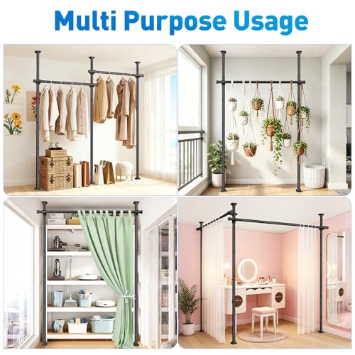 Image of SUNALLY Room Divider Tension Curtain Rod, No Drilling Room Separator for Space Partition, 4-10ft(H) 32-100inch(W) Adjustable Heavy Duty Temporary Wall Divider Floor to Ceiling Tension Rod, Black