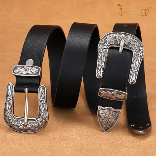 JASGOOD Women Leather Belts Ladies Vintage Western Design Black Waist Belt for Pants Dresses2