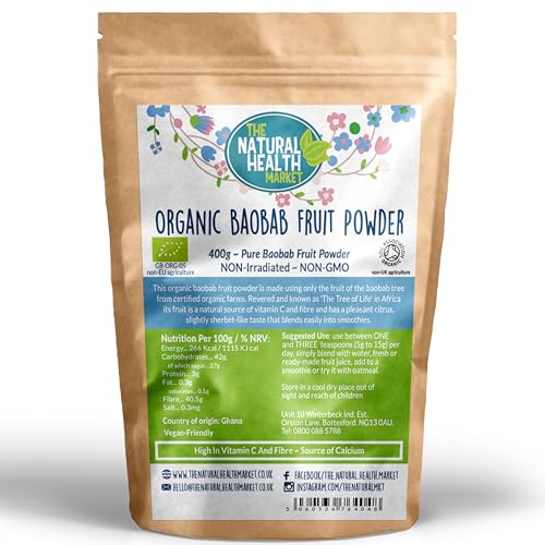 Image of Organic Baobab Powder 400g – High-Fibre Raw Superfruit for Smoothies, Porridge & Baking – Immune & Digestive Support – The Natural Health Market