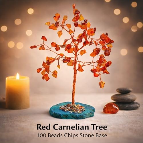 Image of REMEDYWALA Charged Energized Red Carnelian Crystal Tree with Agate Slice Base for Reiki Healing, Red Carnelian Stones Crystal Tree 100 Beads