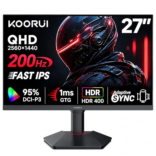Image of KOORUI 27 Inch 1440p Gaming Monitor 200Hz, 1ms, Fast IPS Screen, HDR400, 95% DCI-P3 Color Gamut, Height /Pivot /Tilt Adjustability, Adaptive Sync Technology, HDMI & DP Ports, 2K Monitor, Black, G2722P