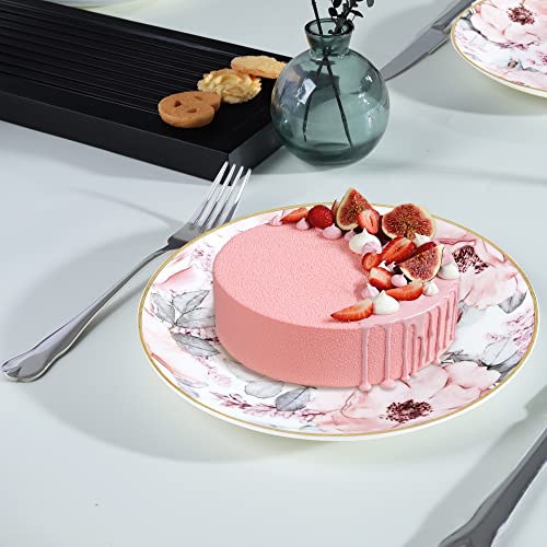 Fanquare 8" Bone China Salad Plates With Gold Trim, Pink Floral Pasta Bowls Set Of 4, Porcelain Dessert Plates, British Lunch Plates #TOP4