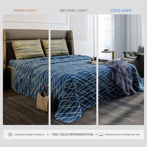 Image of Stoa Paris 100% Cotton King Size Bedsheet with 2 Pillow Covers, 180TC Printed Bedding Set, Breathable, All-Season Comfort, Soft & Lightweight, Home Decor, Urbanscape - Cerulean Beams (228cm x 274cm)