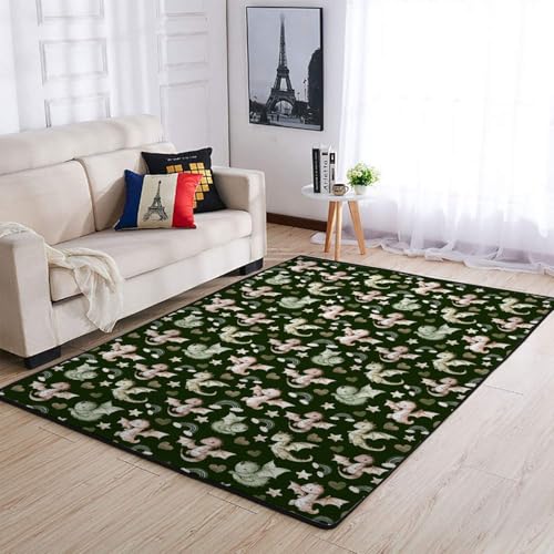 Image of Cute Baby Dragons Love Area Rugs Fairytale Dragons Rainbow Hearts Stars Floor Mats Jungle Animals Throw Carpets for Kids Nursery Bedroom Living Room Bathroom Kitchen Classroom Playmat