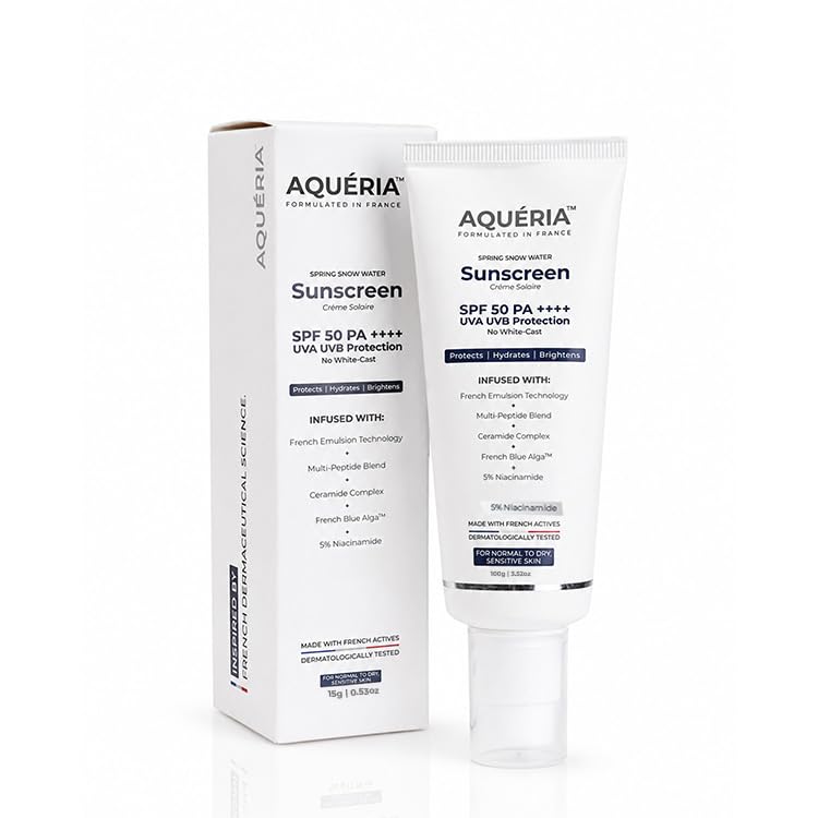 Image of Aqueria Brightening & Moisturizing Multi-Active French Sunscreen SPF 50 PA++++ | In-Vivo /In-Vitro Tested | 5% Niacinamide, 5 Ceramides & Vitamin E | Modern UV Filters | Broad Spectrum UVA /UVB & Blue Light Protection | Lightweight, No White Cast, Sweat Resistant | Suitable for Daily Use | For Normal, Dry & Sensitive Skin | 100g