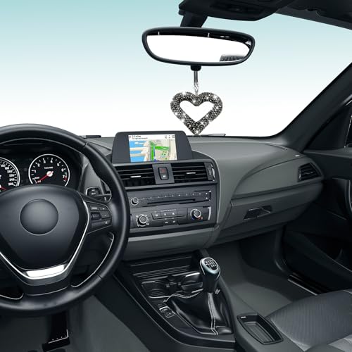 Bling Heart Car Hanging Accessories, Crystal Rhinestone Vehicle Rear View Mirror Charm Pendant Ornaments,Universal Bling Heart Diamond Car Accessories for Women Fit Most Cars,Trucks,SUVs (Black)