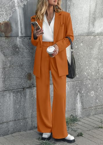 PRETTYGARDEN Women's Fall Two Piece Outfits Dressy Blazer Jacket and Wide Leg Pants Pockets Business Casual Office Suit Sets (Brown,Medium)