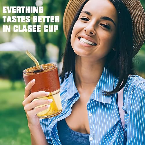 Image of Kamvy Glass Tumbler with Lids and Straw Pack of 1, Elegant Coffee Sipper Bottle with Leather Sleeve,Glass Drinking Cup Mason for Iced Tea, Juice, Cocktail, Cold & Hot Drinks Mug 450ml (Amber)