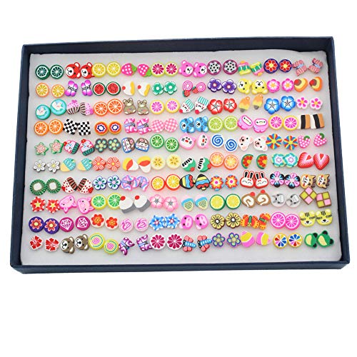 POFET PAB12253 Lot de 100 paires de clous d’oreilles en forme de fruits avec boîte cadeau rectangulaire - Grandes boucles d’oreilles en argile souple -...