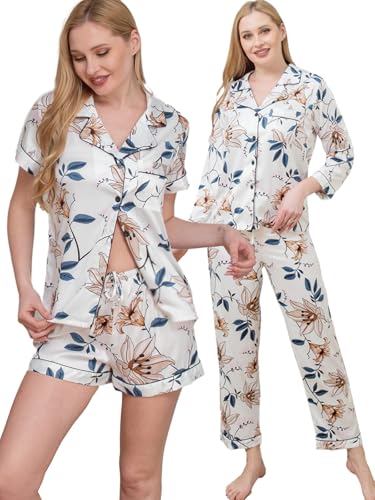 4Pcs Womens Silk Satin Pajama Sets Floral Pajamas Silky Pj Sets XS-2XL Button Down Pjs Set Loungewear Sleepwear2