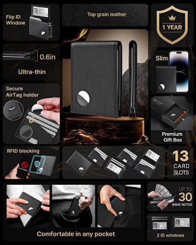 typecase Mens Wallet with AirTag Holder: Secure Holder for Apple Air Tag, Top Grain Leather, RFID Blocking, Bifold, Slim, Minimalist, Large Capacity - 13 Card Slots | 2 ID Windows | 2 Cash Slots2